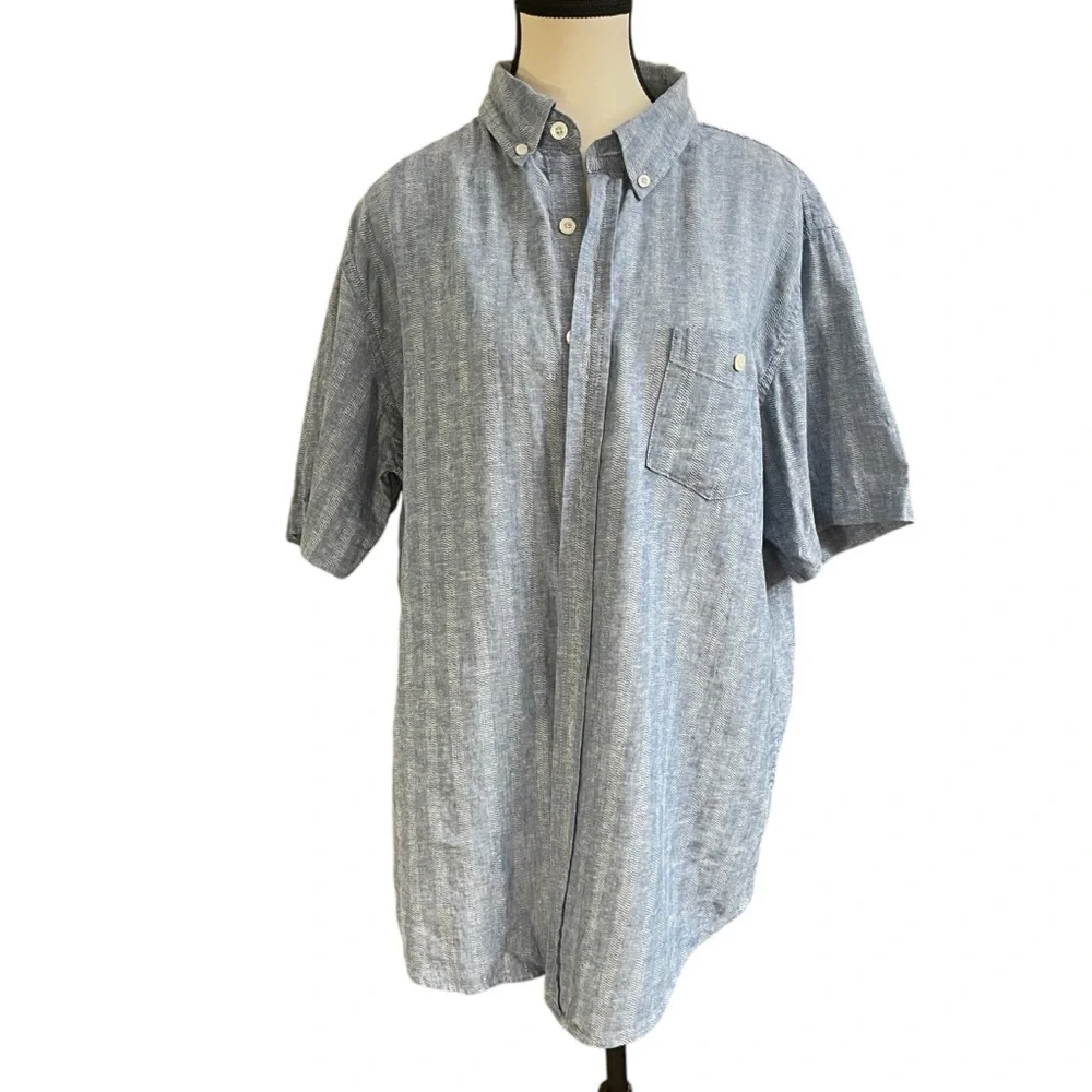 Weatherproof Vintage Blue Linen Blend Short Sleeve Button-Up Casual Shirt